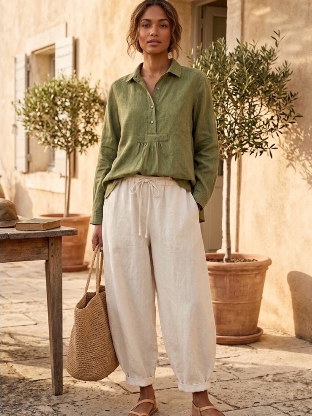Poetry Olive Green 100% Linen Henley Tunic Blouse Sz US 2 UK 6 Olive